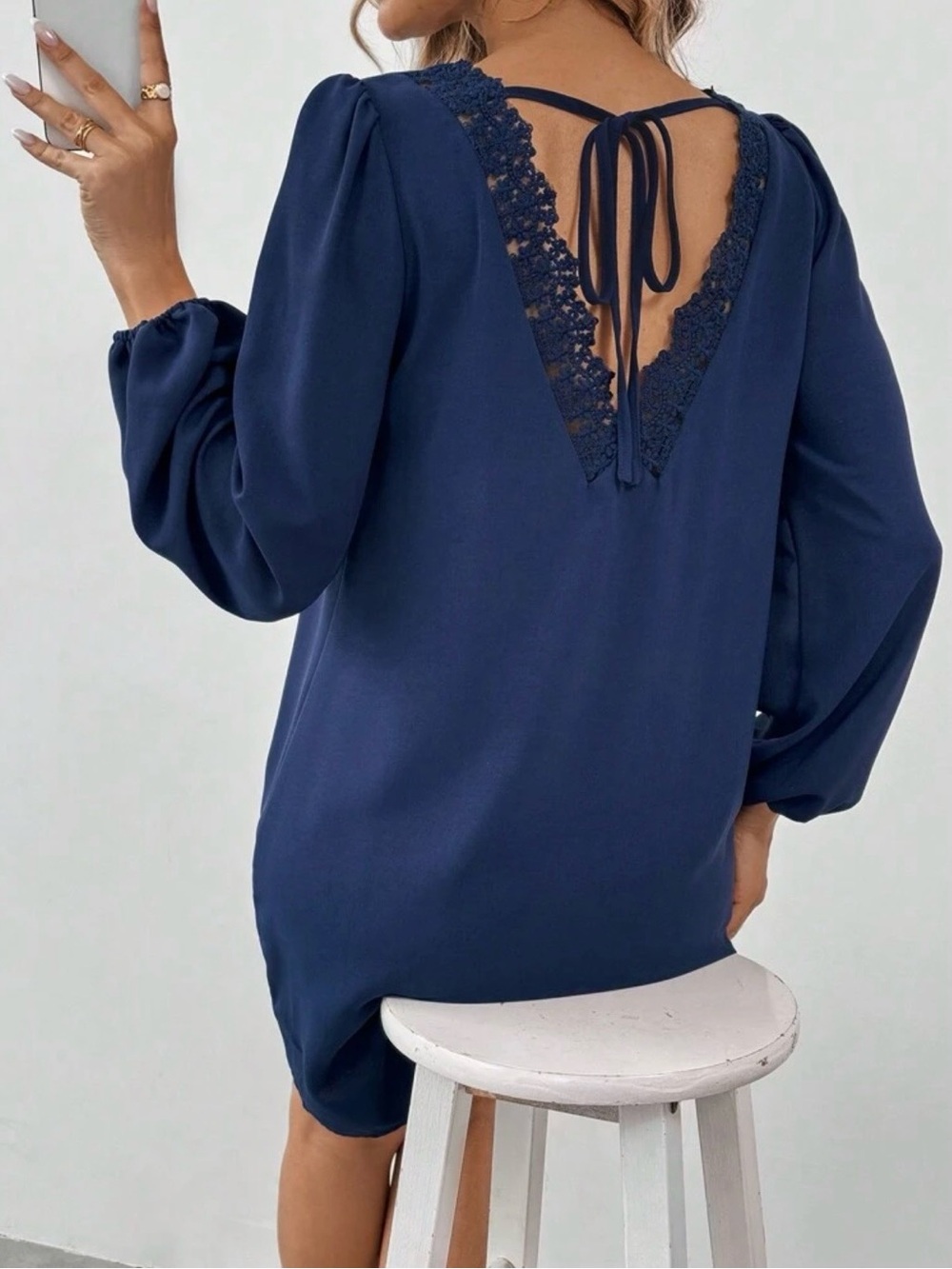 SHEIN LUNE Womens Backless Lace Hollow Out Strap Dress Navy Blue Medium